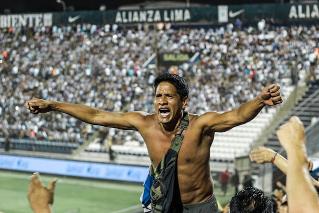 Crowded stadium with fans singing soccer chants and waving flags.